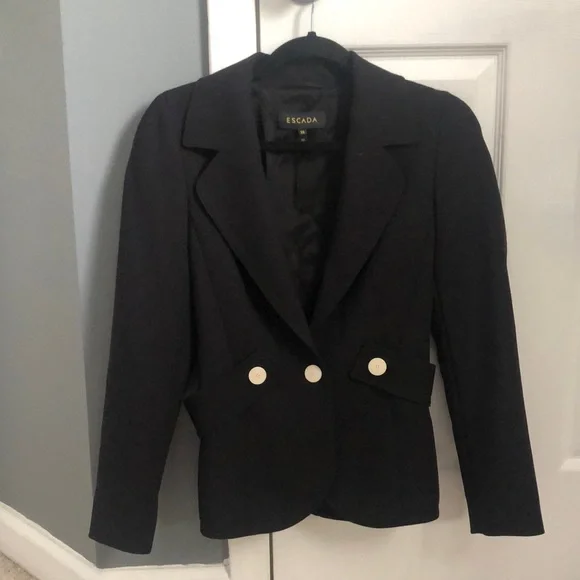 Escada Wool Black Blazer Buttons Peplum Jacket 38 Business Work Suit